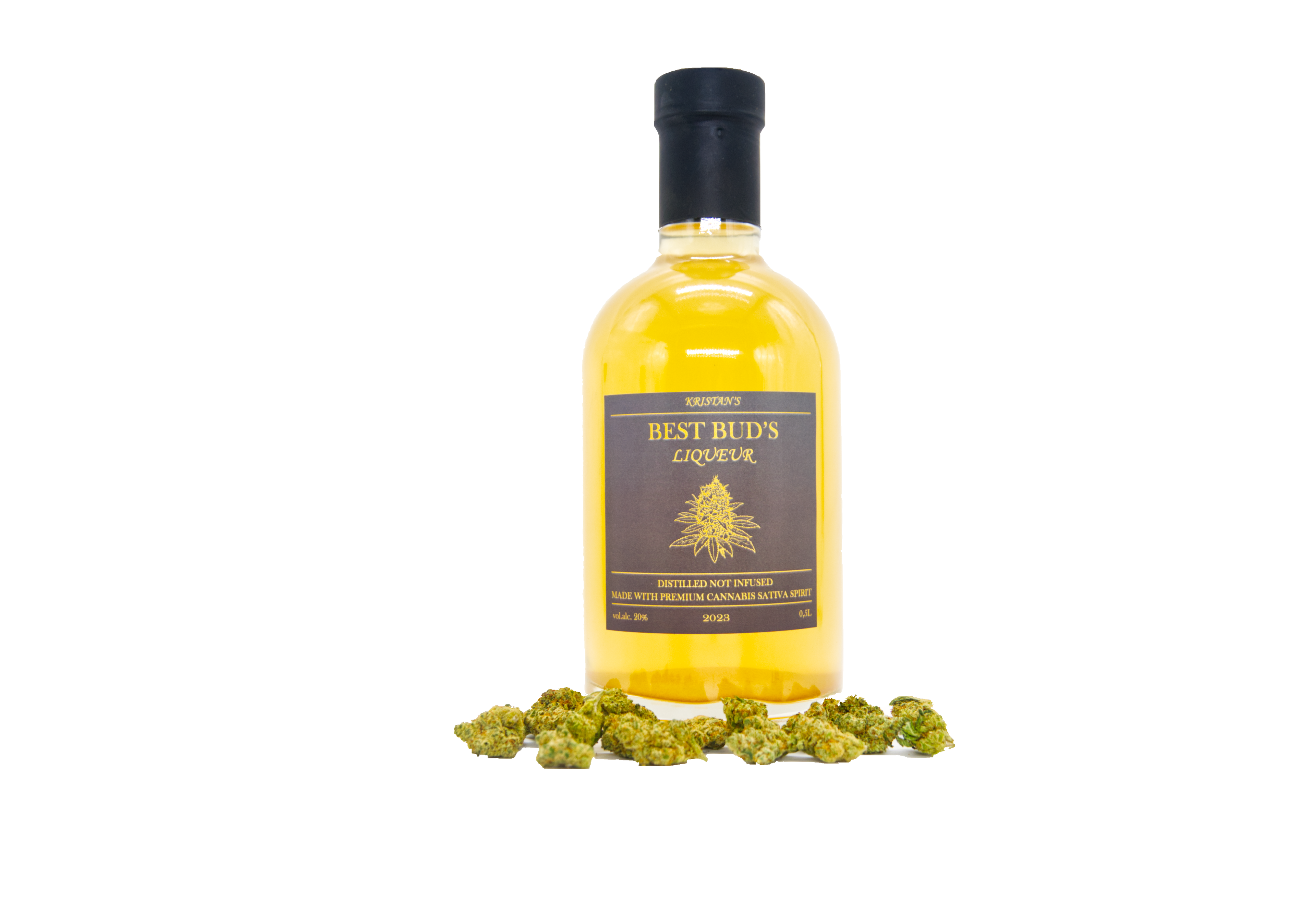 Best Bud's Liqueur bottle with hemp buds at the base of the bottle