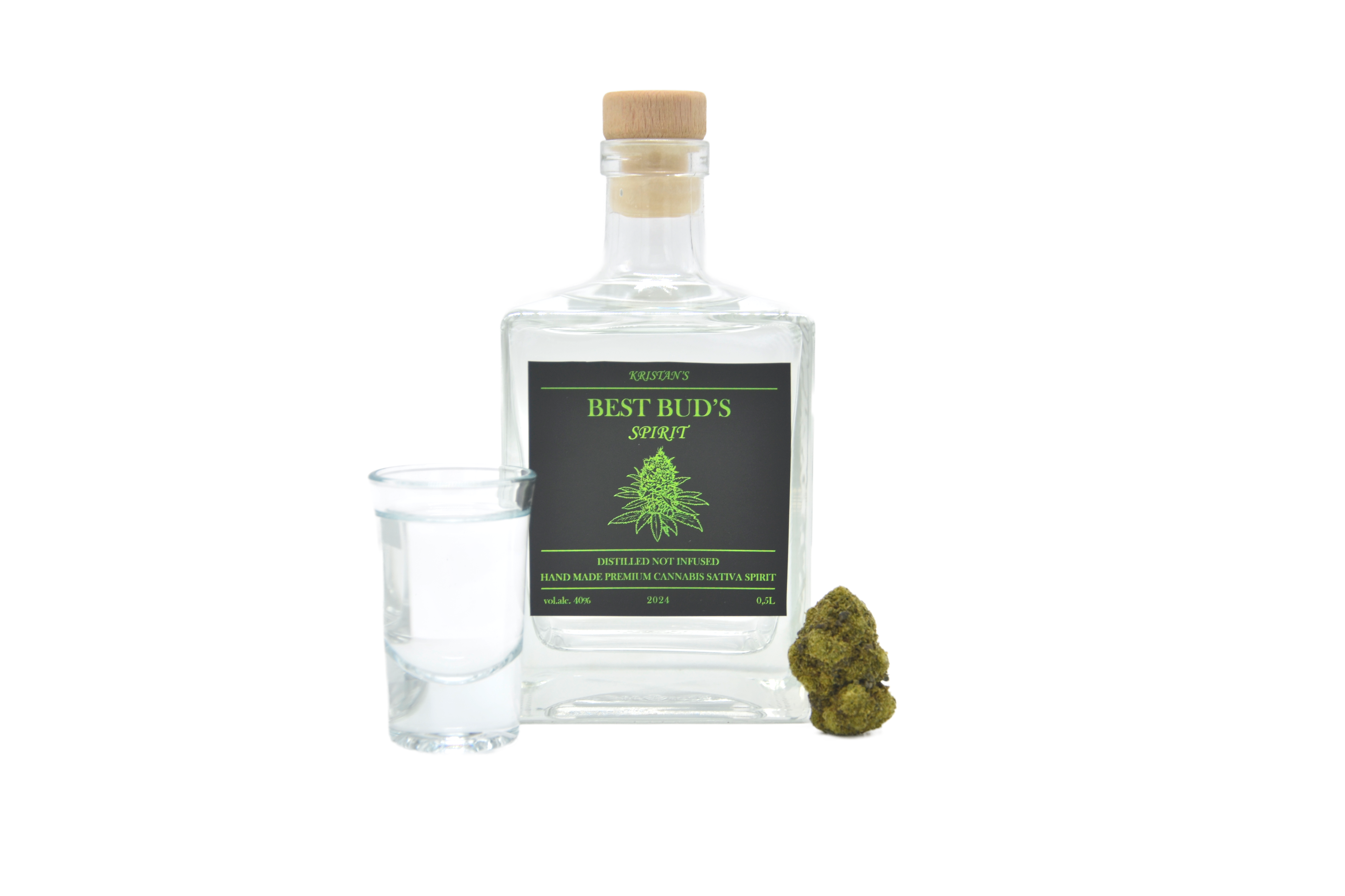 2024 bottle of best buds spirit with glass and small bud on the side - white background