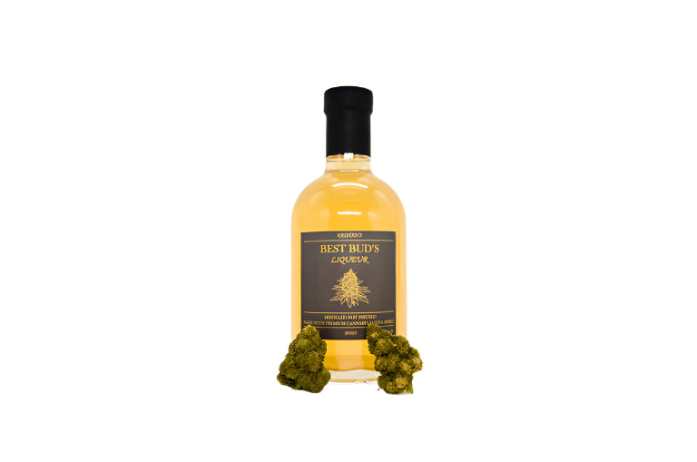 hemp liqueur bottle with buds on the side and white background