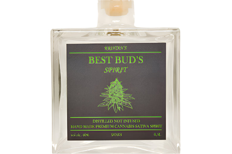 bottle of premium cannabis sativa spirit on white background